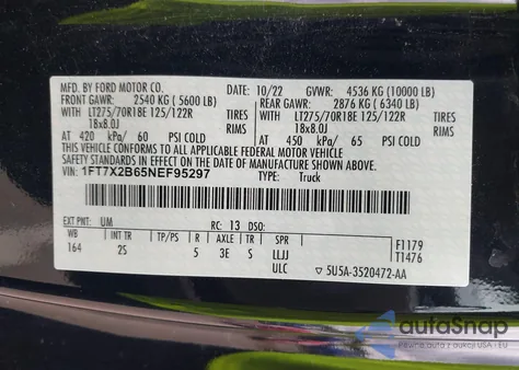 2022 Ford F250 Super Duty из США, поврежденный, VIN 1FT7X2B65NEF95297